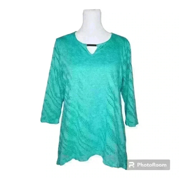 JM Collection women's teal eyelet blouse 3/4 sleeve size petite medium - Picture 1 of 6